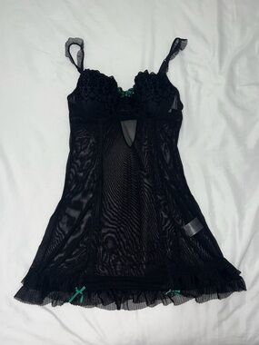 Etam Black Mesh Lingerie Slip Dress With Green Bows And Ruffles Women’s Size 34B